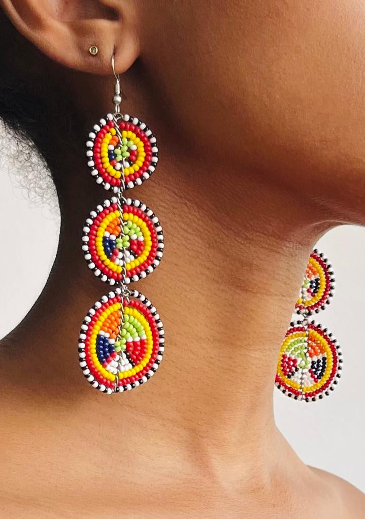 Traditional Maasai Earrings - Long Circular - Light Green