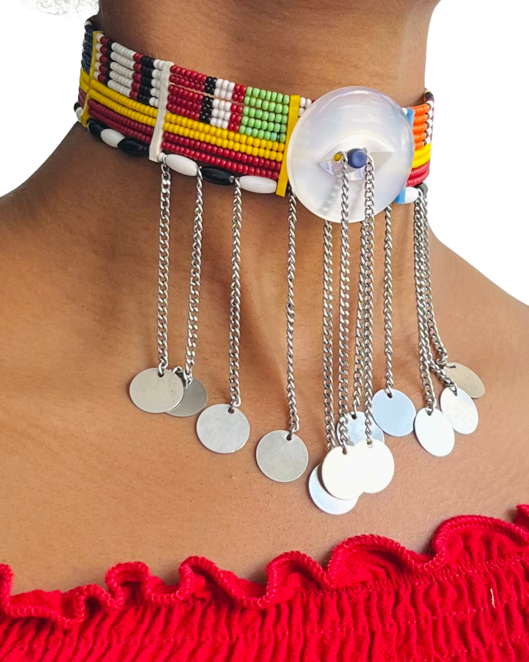 Gargantilha Tradicional Maasai - Miçãnga Laranja no Meio